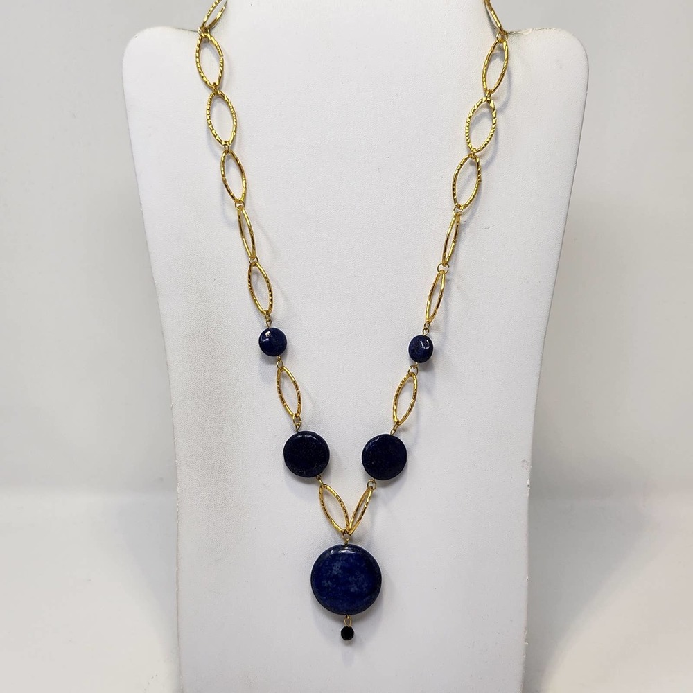 Lapis Lazuli Natural Stone Pendant Gold Tone Oval Chain Link Y Drop Necklace
